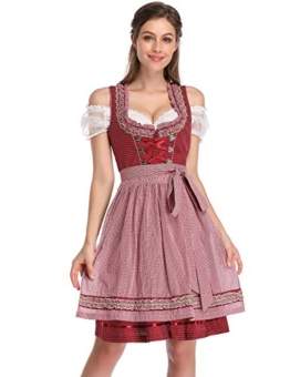 KOJOOIN Trachtenkleid Damen Dirndl Kurz mit Stickerei Exklusives Designer für Oktoberfest - DREI Teilig: Kleid, Bluse, Schürze Weinrot 34 - 1