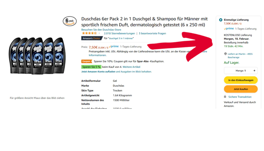 Bildschirmaufnahme der Amazon Website